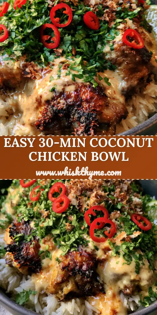A top-down view of a Coconut Chicken Rice Bowl in a charcoal bowl with golden chicken and red chilies.