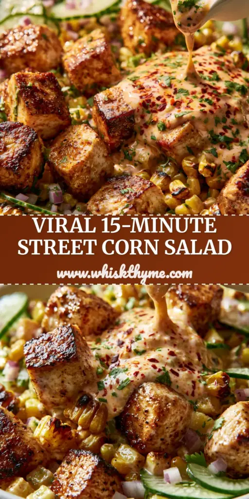 A vibrant bowl of street corn cucumber chicken salad featuring charred corn, seared chicken, and cotija cheese being drizzled with lime-tahini dressing.