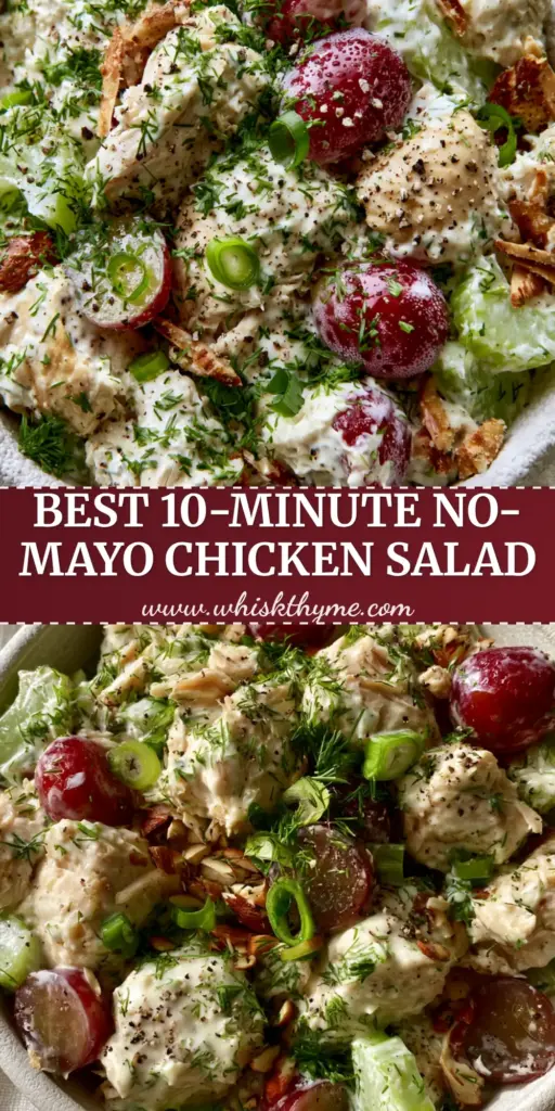 A top-down view of Healthy Chicken Salad Recipes featuring moist chicken, crimson grapes, and fresh dill in a white bowl.