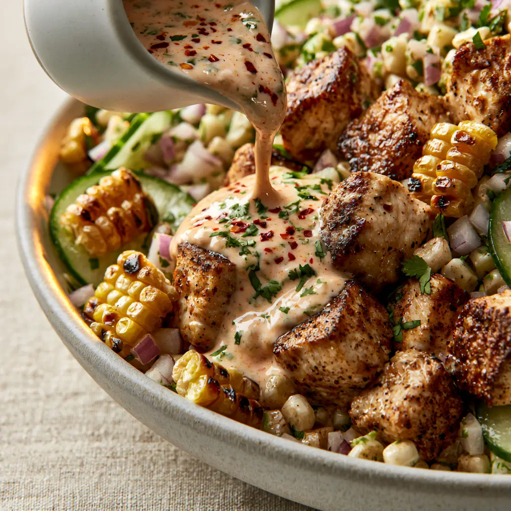 Creamy lime-tahini dressing being poured over a street corn cucumber chicken salad with Tajin flakes.
