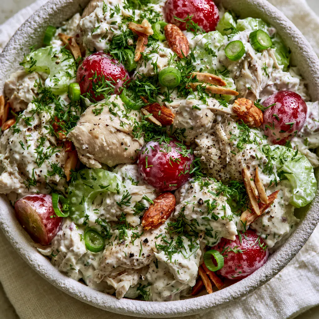 A vibrant bowl of Healthy Chicken Salad Recipes with halved red grapes and toasted almonds on a linen napkin.