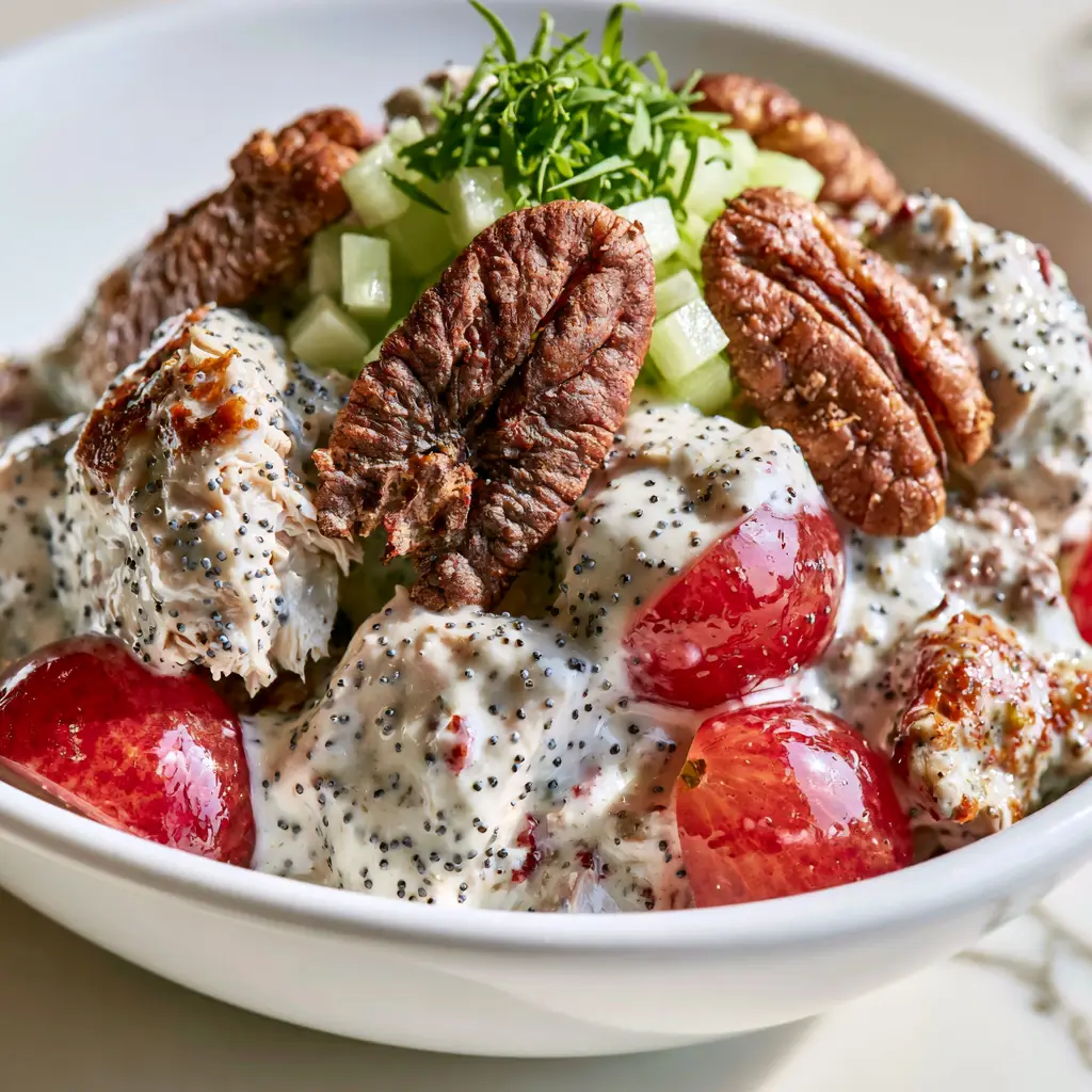 Sonoma chicken salad featuring glossy red grape halves and toasted pecan halves on a marble countertop.