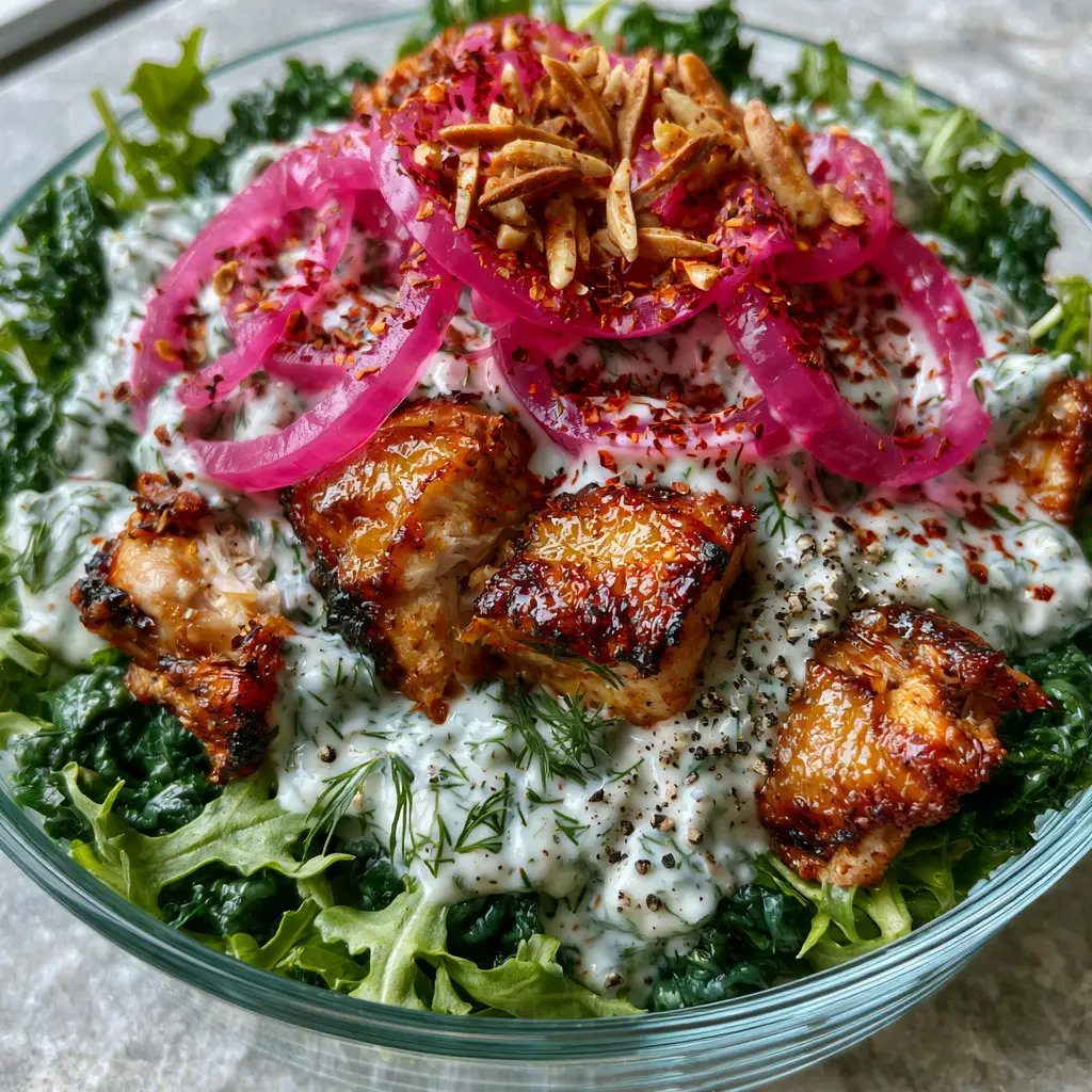 A top-down shot of roasted chicken salad showing neon-pink pickled onions and toasted slivered almonds on a bed of dark greens.