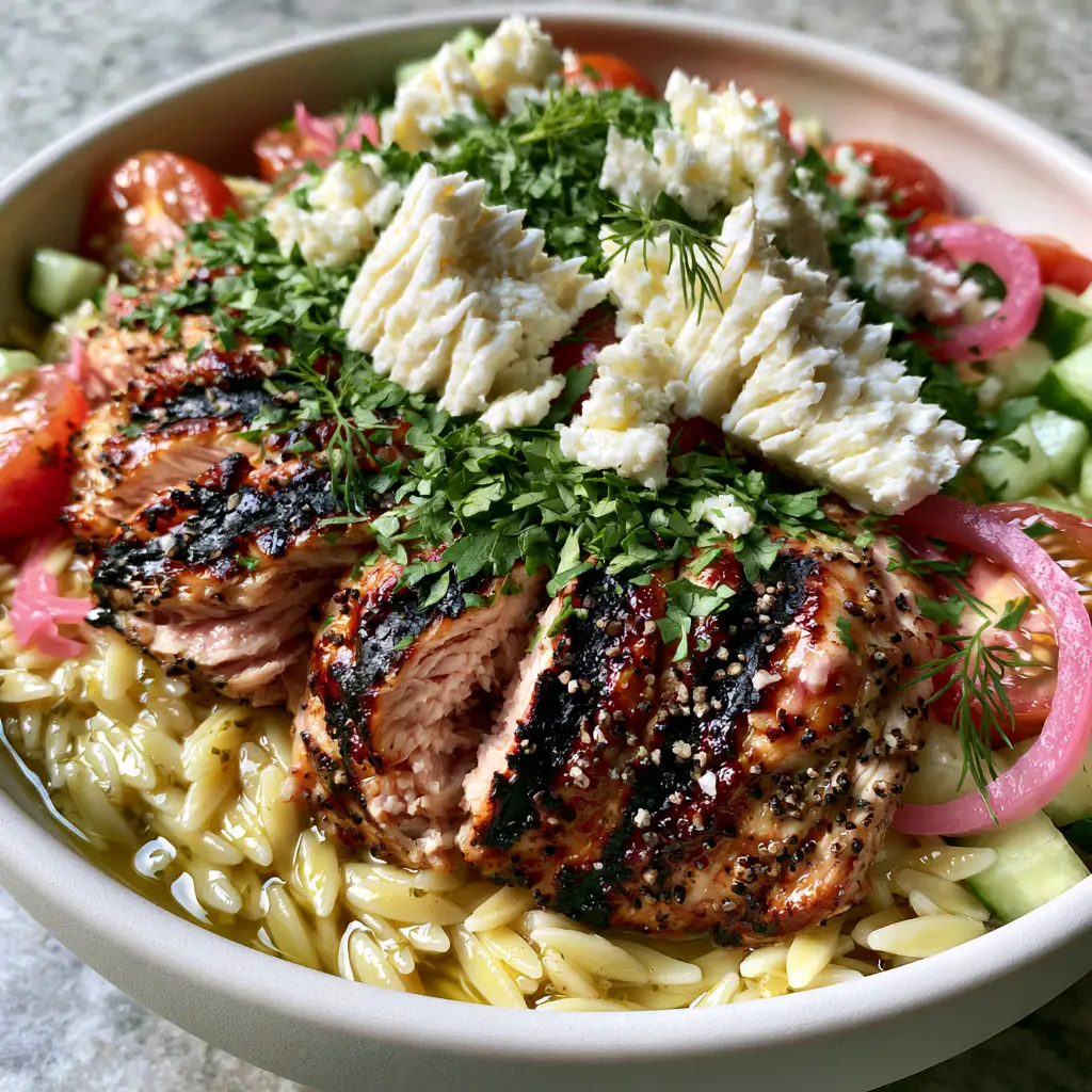 A shallow matte white bowl filled with grilled chicken orzo salad, featuring jagged feta crumbles and fresh dill.