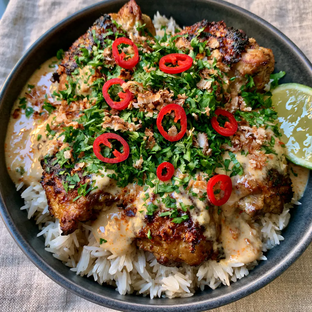 Smartphone photo of a Coconut Chicken Rice Bowl with fresh cilantro and red chili garnishes.