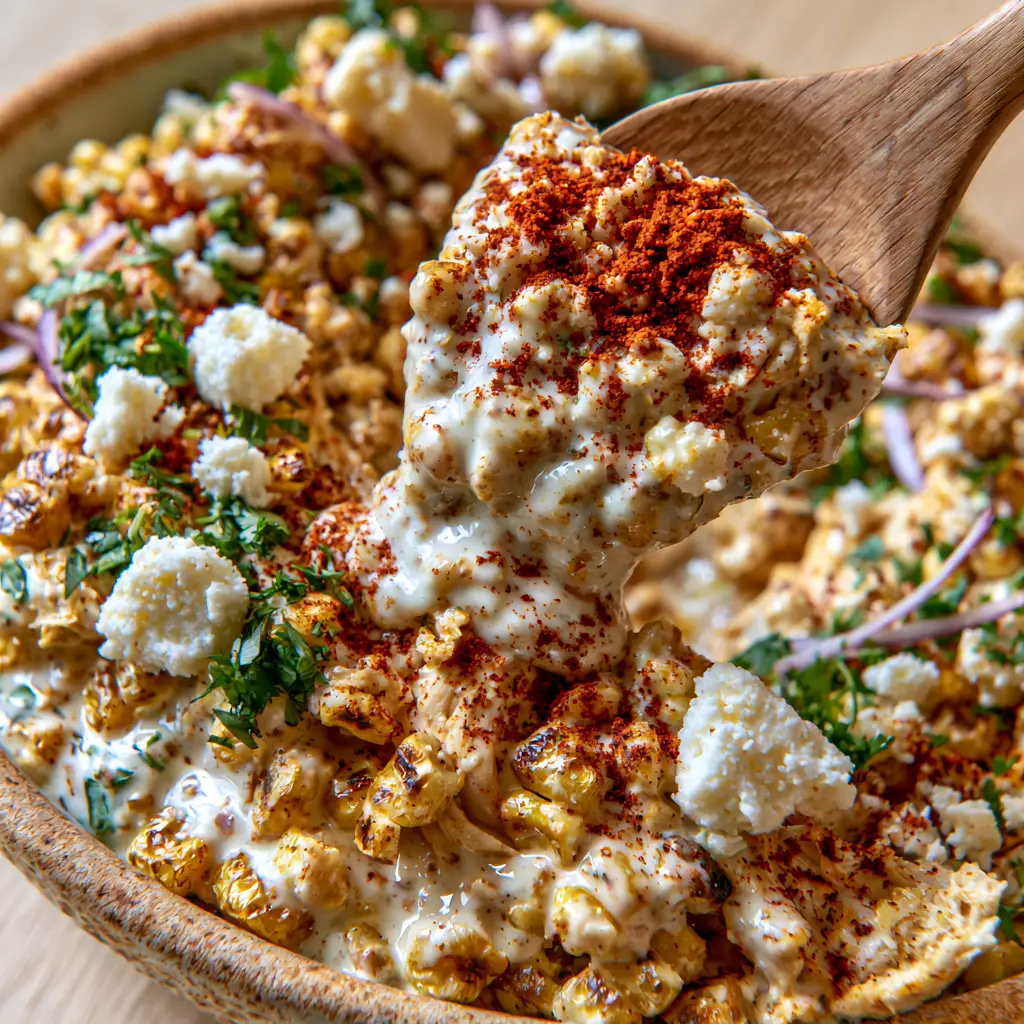 A wooden spoon lifting a generous portion of creamy High protein chicken street corn salad showing textures of cotija and cilantro.