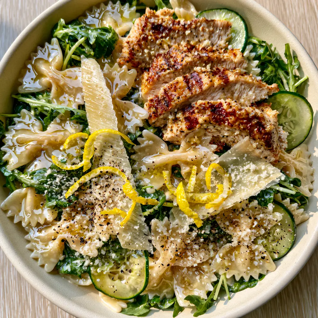 Detailed shot of seared chicken strips and parmesan ribbons in a lemon parmesan chicken pasta salad.