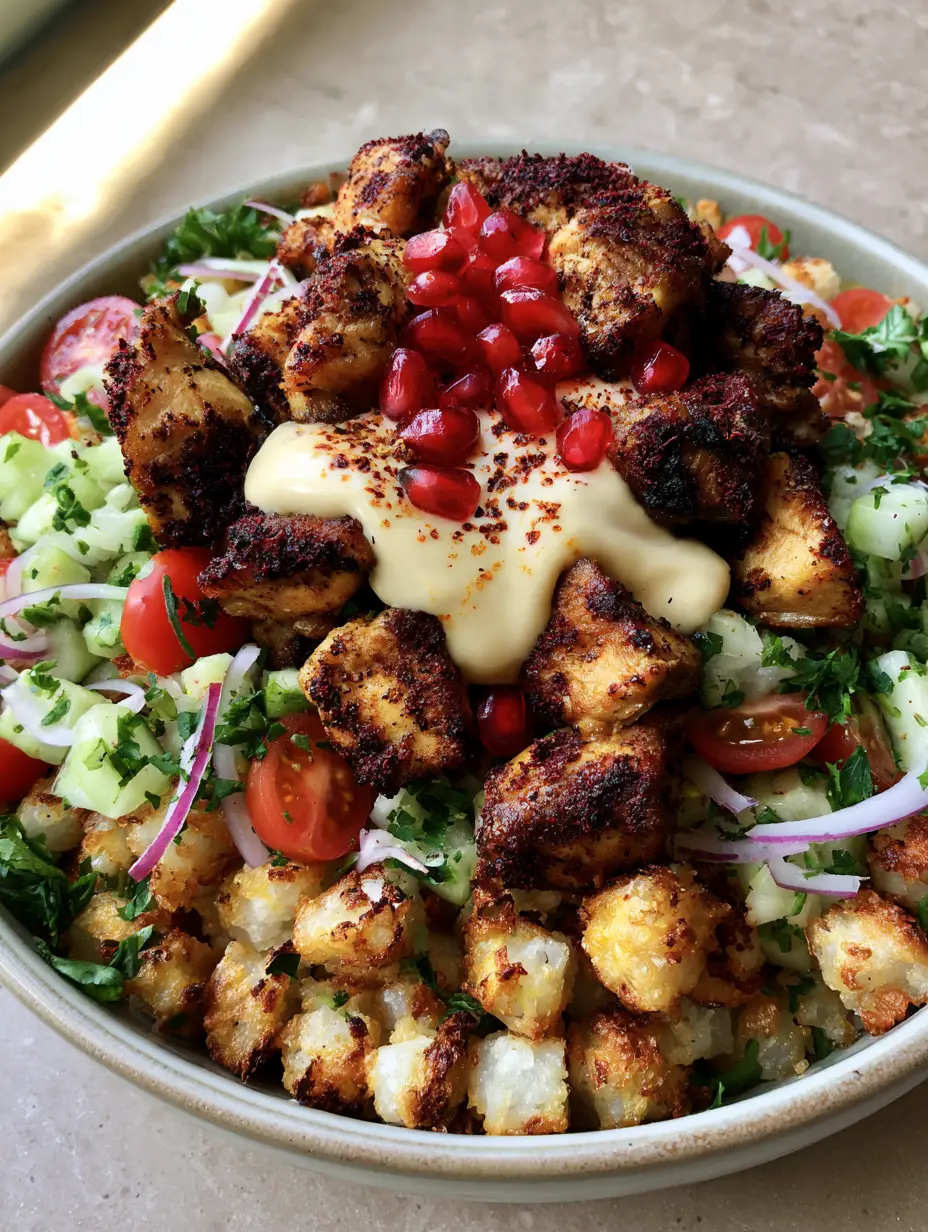 Overhead handheld view of chicken shawarma crispy rice salad in a ceramic bowl with visible char marks on the chicken and golden rice cubes.