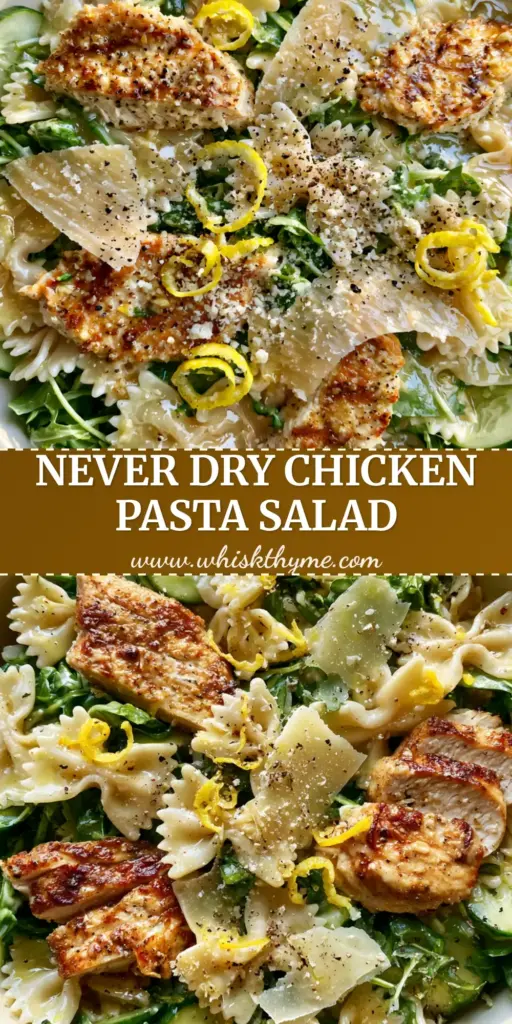 A close-up vertical shot of lemon parmesan chicken pasta salad with golden chicken and shaved parmesan ribbons.