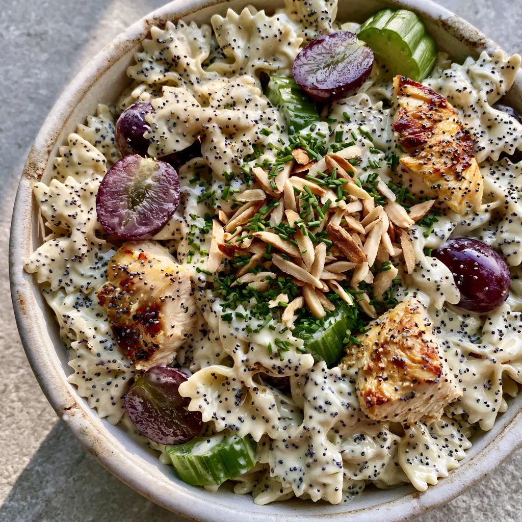 Close up of the glossy poppy seed dressing on bowtie pasta with toasted almonds and fresh chives.