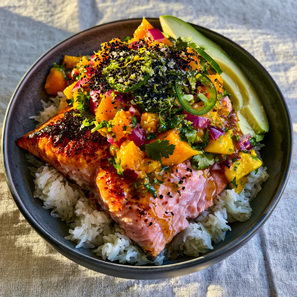 Close-up of a charcoal ceramic bowl containing salmon, avocado, jasmine rice, and mango salsa under natural golden light.