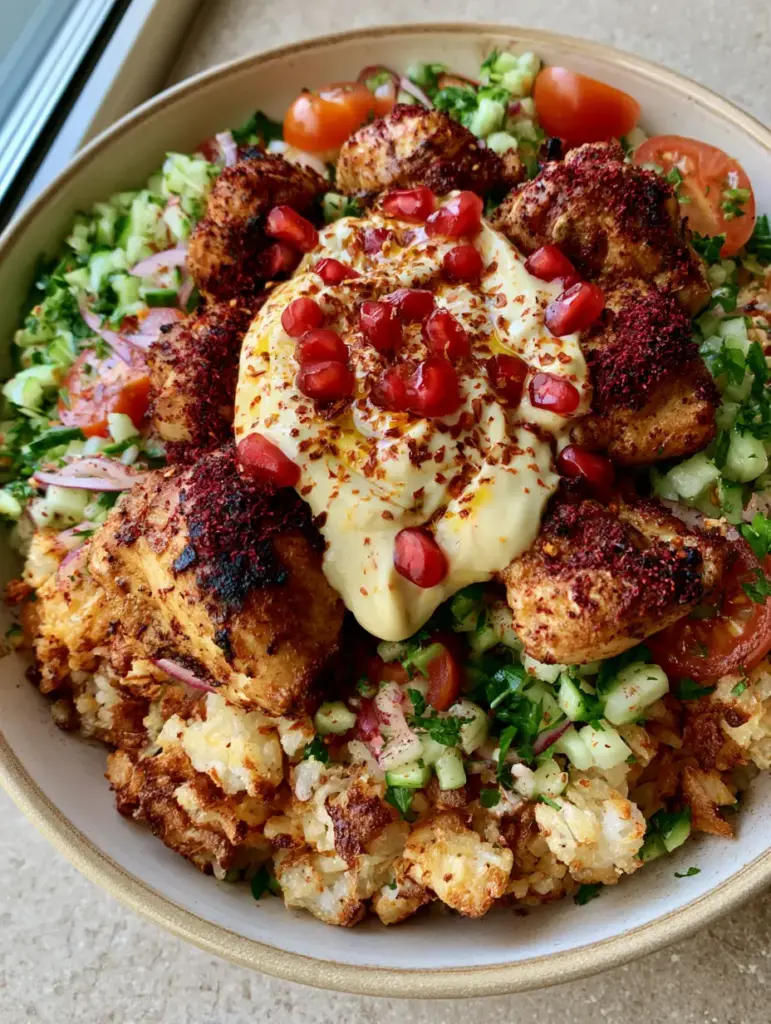 Extreme detail of crispy air-fried rice cubes and creamy tahini drizzle on a chicken shawarma crispy rice salad.