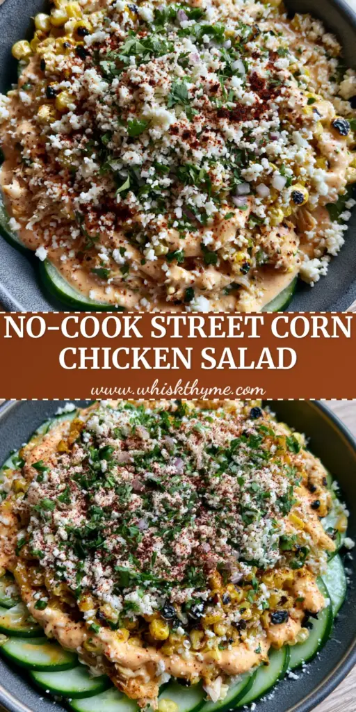 A top-down aesthetic food photography shot of a vibrant Street Corn Creamy Cucumber Chicken Salad in a matte charcoal-grey ceramic bowl on a light-oak table.