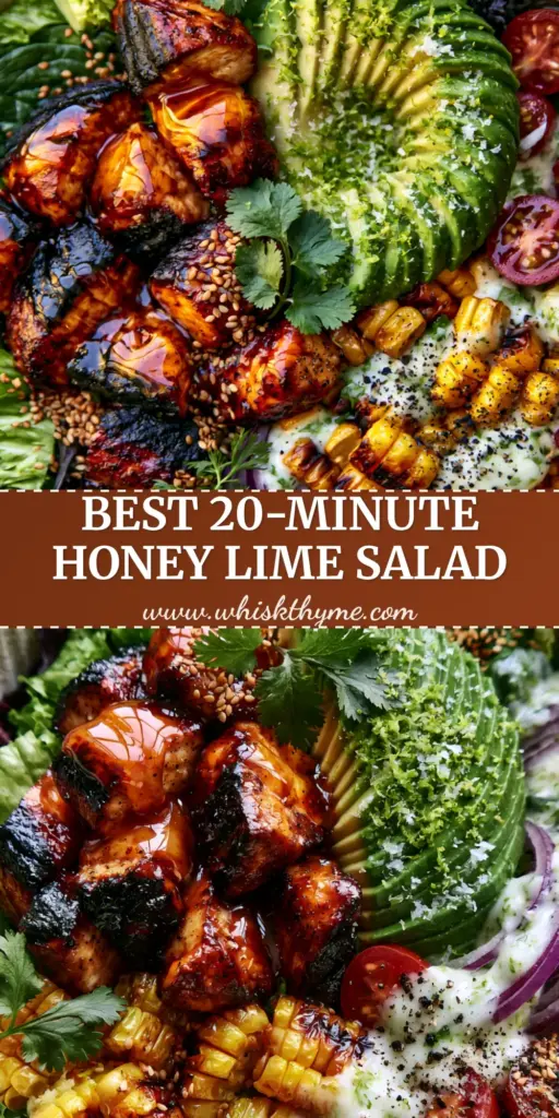 A top-down Pinterest Pin showing a Honey Lime Chicken Avocado Salad Bowl with seared chicken, fanned avocado, and charred corn.