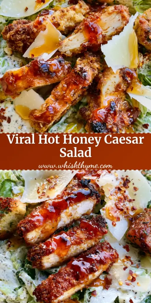 A handheld smartphone photo of a hot honey crispy chicken caesar salad featuring panko chicken and glossy honey in a cream bowl.