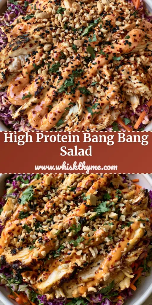 A top-down view of a vibrant Bang Bang Chicken Salad in a white bowl, featuring seared chicken, purple cabbage, and a creamy orange chili sauce drizzle.