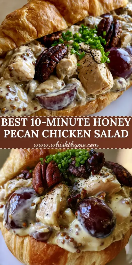 A close-up view of a Honey Pecan Chicken Salad croissant sandwich on a white plate with visible toasted pecans, purple grapes, and honey mustard dressing.