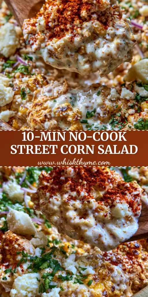 A high-angle vertical shot of High protein chicken street corn salad in a rustic bowl with a wooden spoon lifting a creamy portion.