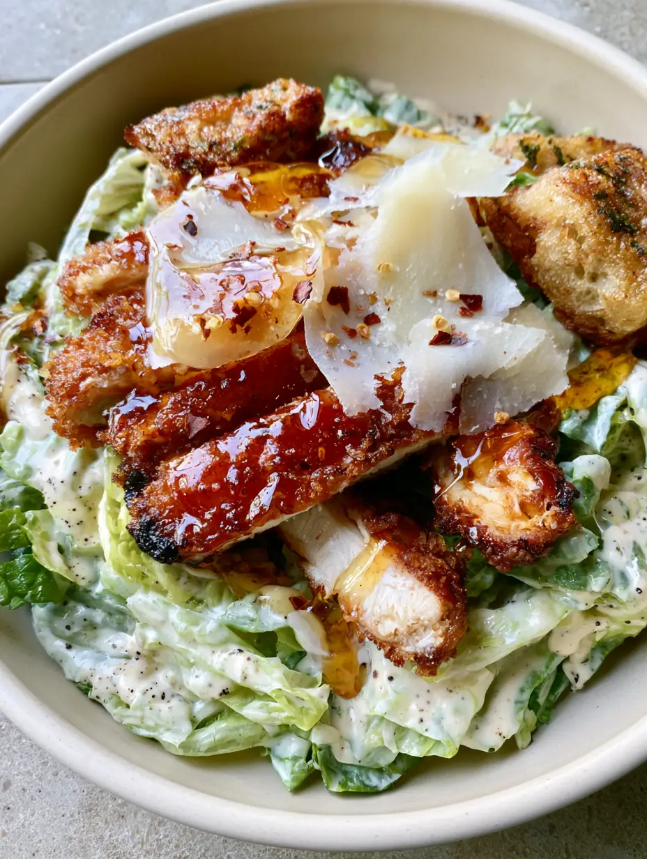 Top-down view of hot honey crispy chicken caesar salad with charred chicken edges and thick dressing.