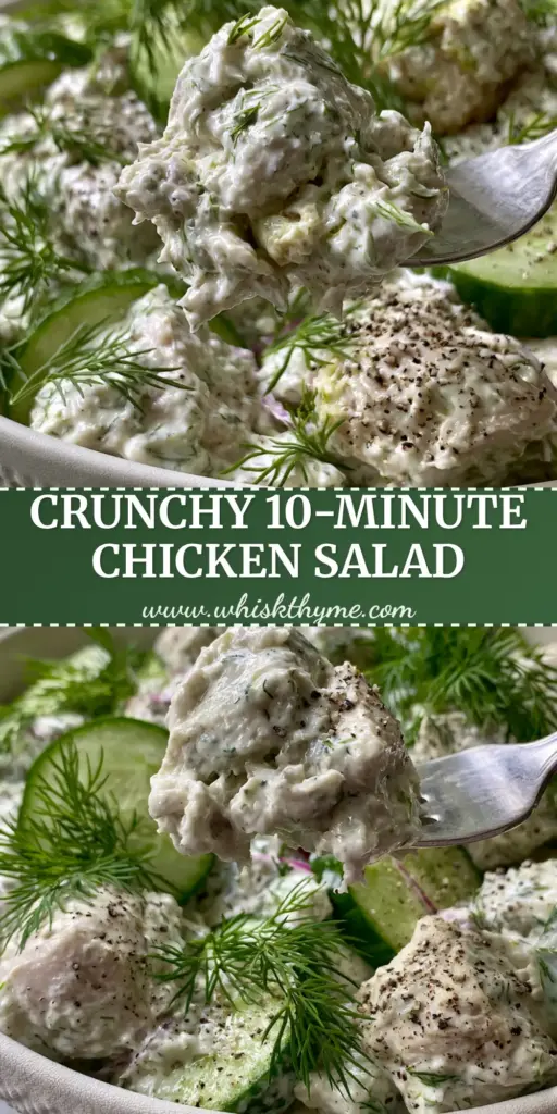 A close-up of Cucumber Dill Chicken Salad in a matte white bowl with thick-cut Persian cucumbers and fresh dill.