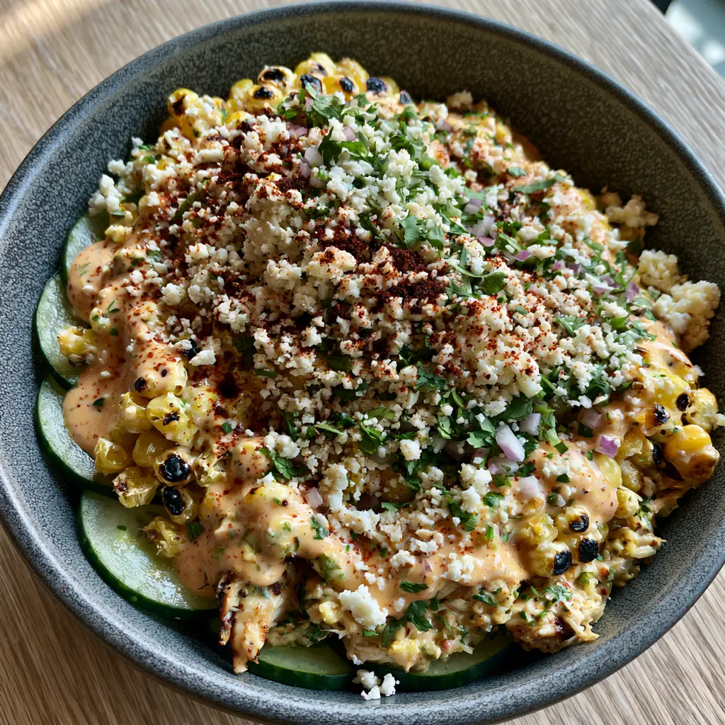 Overhead view of Street Corn Creamy Cucumber Chicken Salad garnished with cotija cheese and smoked paprika dusting.
