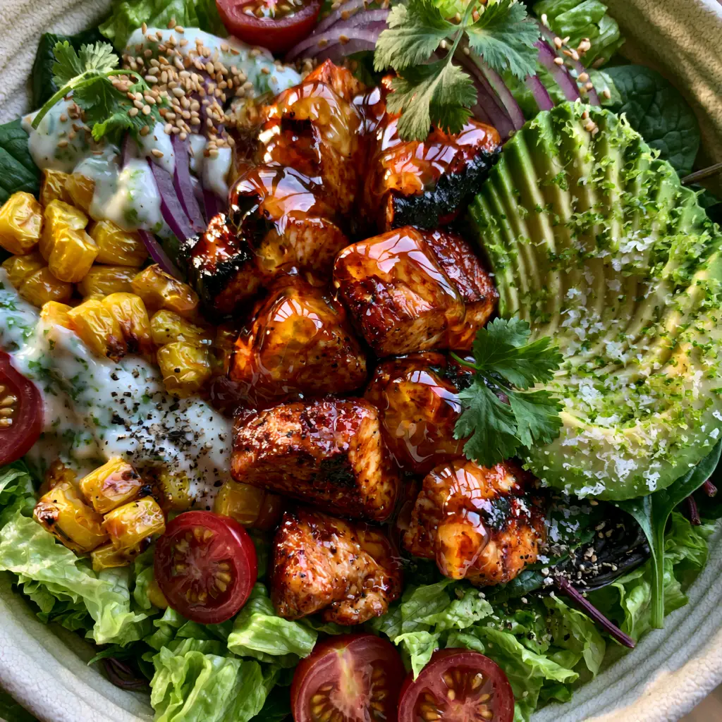 Close up of fanned avocado with lime zest and flaky salt in a Honey Lime Chicken Avocado Salad Bowl.