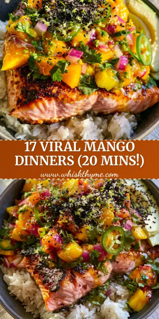 A vibrant Mango Salmon Power Bowl with crispy skin salmon, fresh mango salsa, avocado, and black sesame seeds on jasmine rice. (mango dinner recipes)