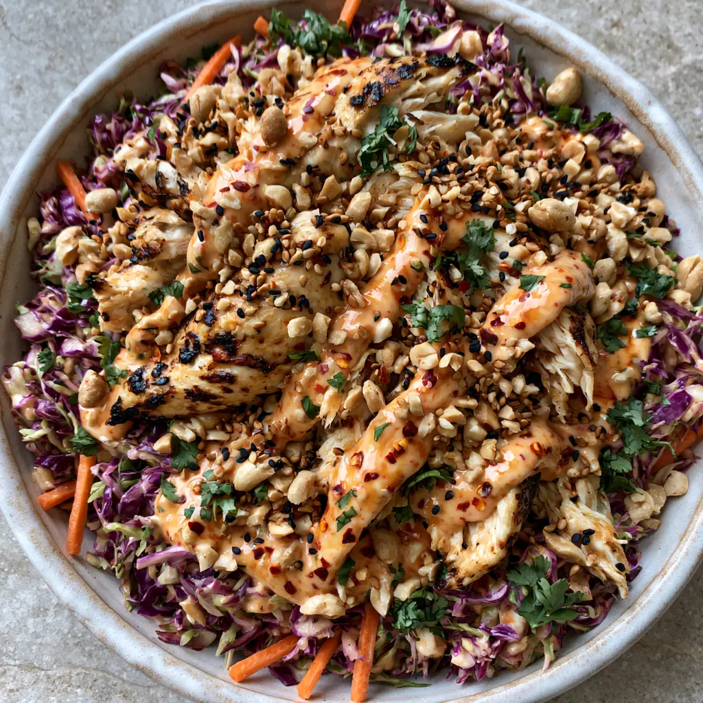 Overhead photo of Bang Bang Chicken Salad showing the vibrant cabbage slaw foundation and toasted peanut garnish.