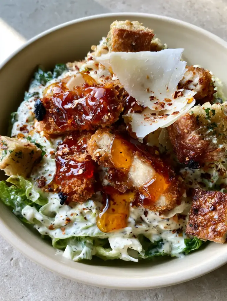 Angled close-up of a hot honey crispy chicken caesar salad showing Parmesan shavings and red chili flakes.