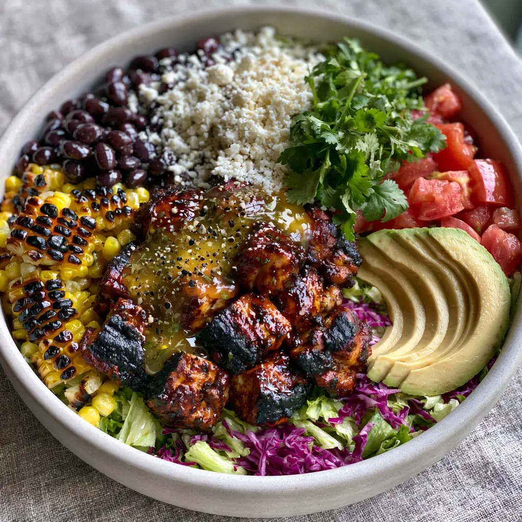 Close-up 45-degree angle of chipotle chicken chopped salad featuring charred corn and creamy avocado.