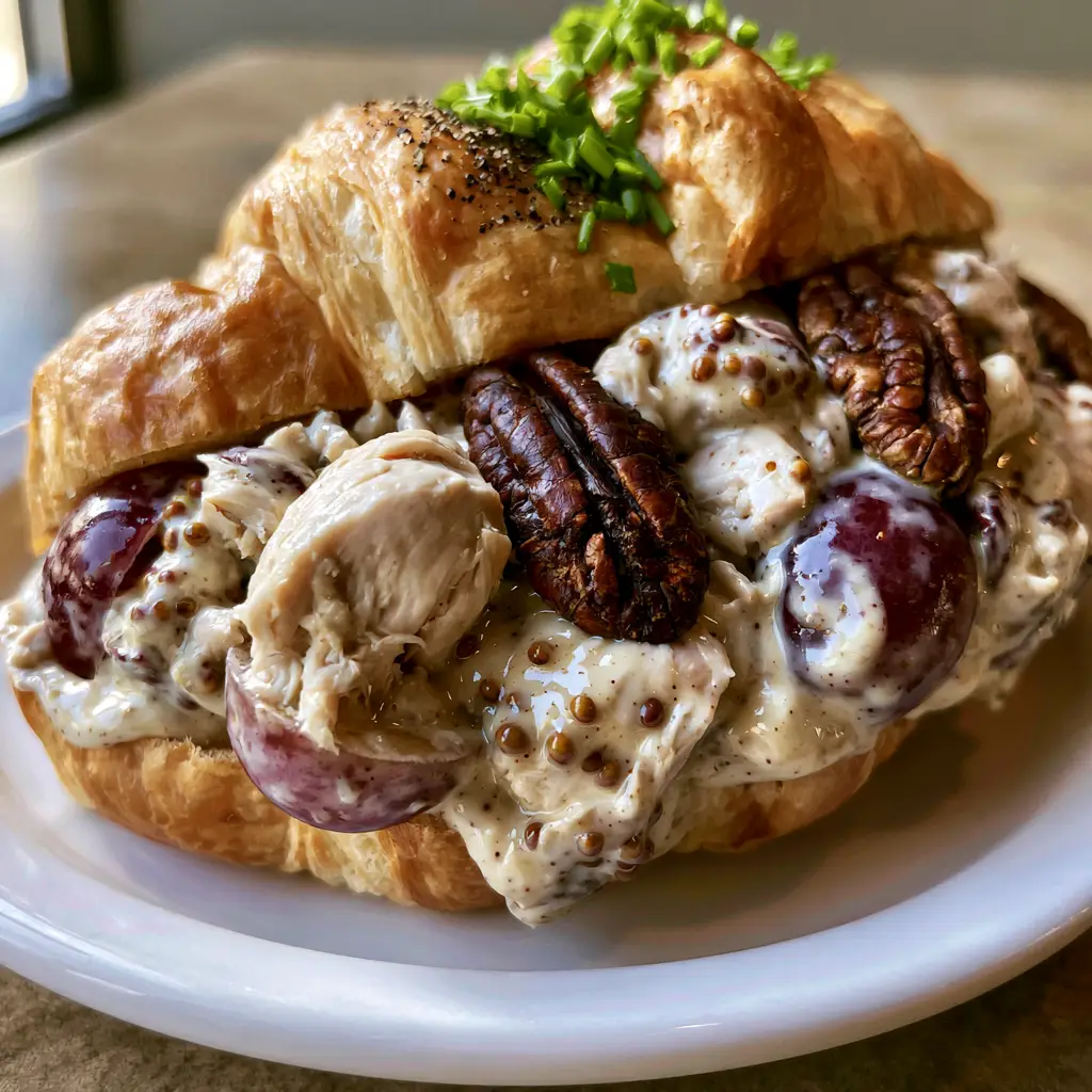 A smartphone-shot of a honey pecan chicken salad sandwich on a wooden bistro table with warm natural lighting.