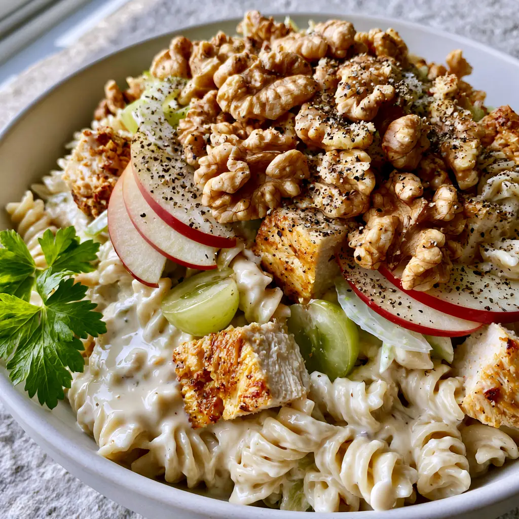 Waldorf Chicken Pasta Salad topped with large toasted walnut halves and cracked black pepper.