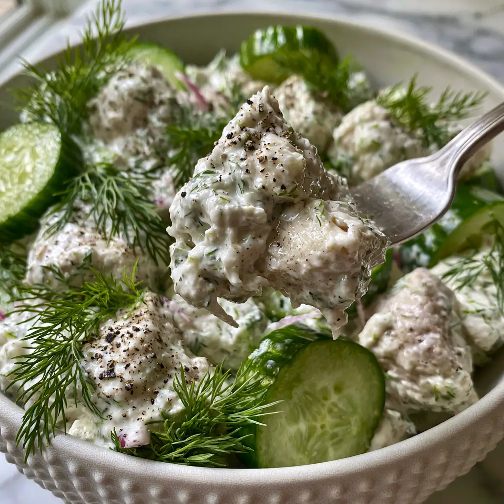 A silver fork lifting a generous, messy bite of Cucumber Dill Chicken Salad toward the camera.