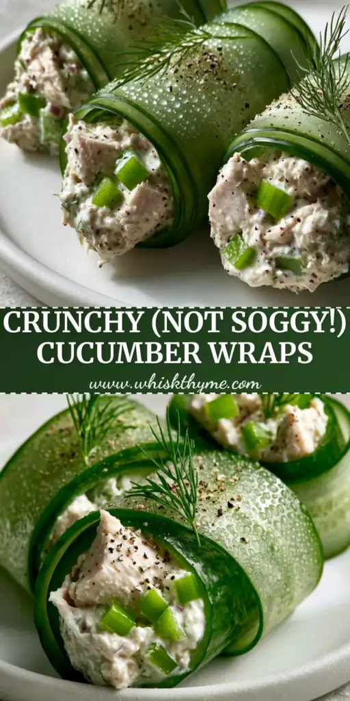 Three Chicken salad cucumber roll ups garnished with dill on a matte white plate with a neutral grey background.