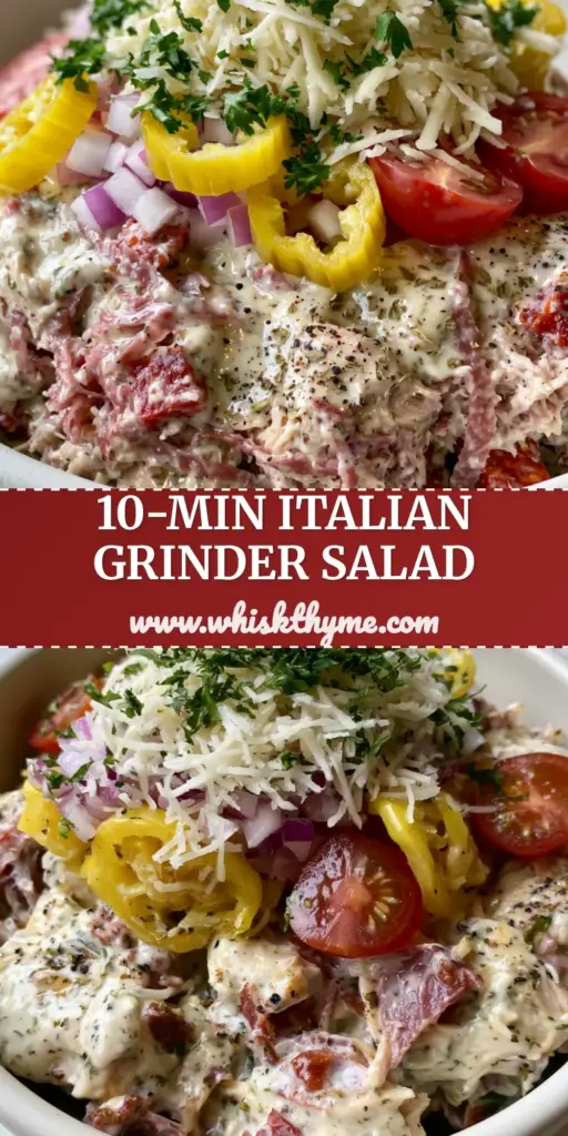 A top-down view of an Italian Grinder Chicken Salad in a white bowl featuring salami ribbons, pepperoncinis, and shredded provolone.