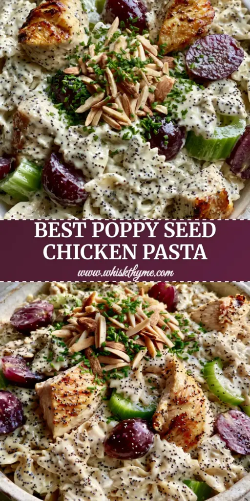 A wide rustic bowl of Poppy Seed Chicken Pasta Salad with farfalle, seared chicken, and grapes on a stone background.