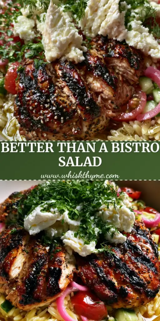 A high-angle shot of Grilled chicken orzo salad in a white bowl showing charred chicken slices, feta, and fresh herbs.