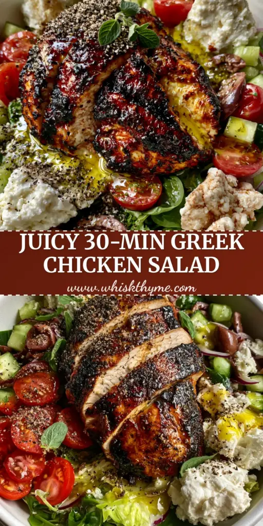 A shallow white bowl containing a gourmet mediterranean grilled chicken salad with charred chicken slices, feta, and a glossy lemon vinaigrette on a marble background.