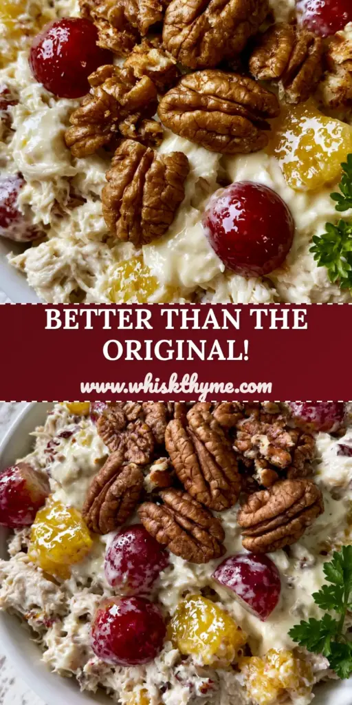 A top-down shot of a white ceramic bowl filled with Chicken Salad Chick Maui Mama, featuring shredded chicken, pineapple tidbits, red grapes, and toasted pecans on a rustic table.