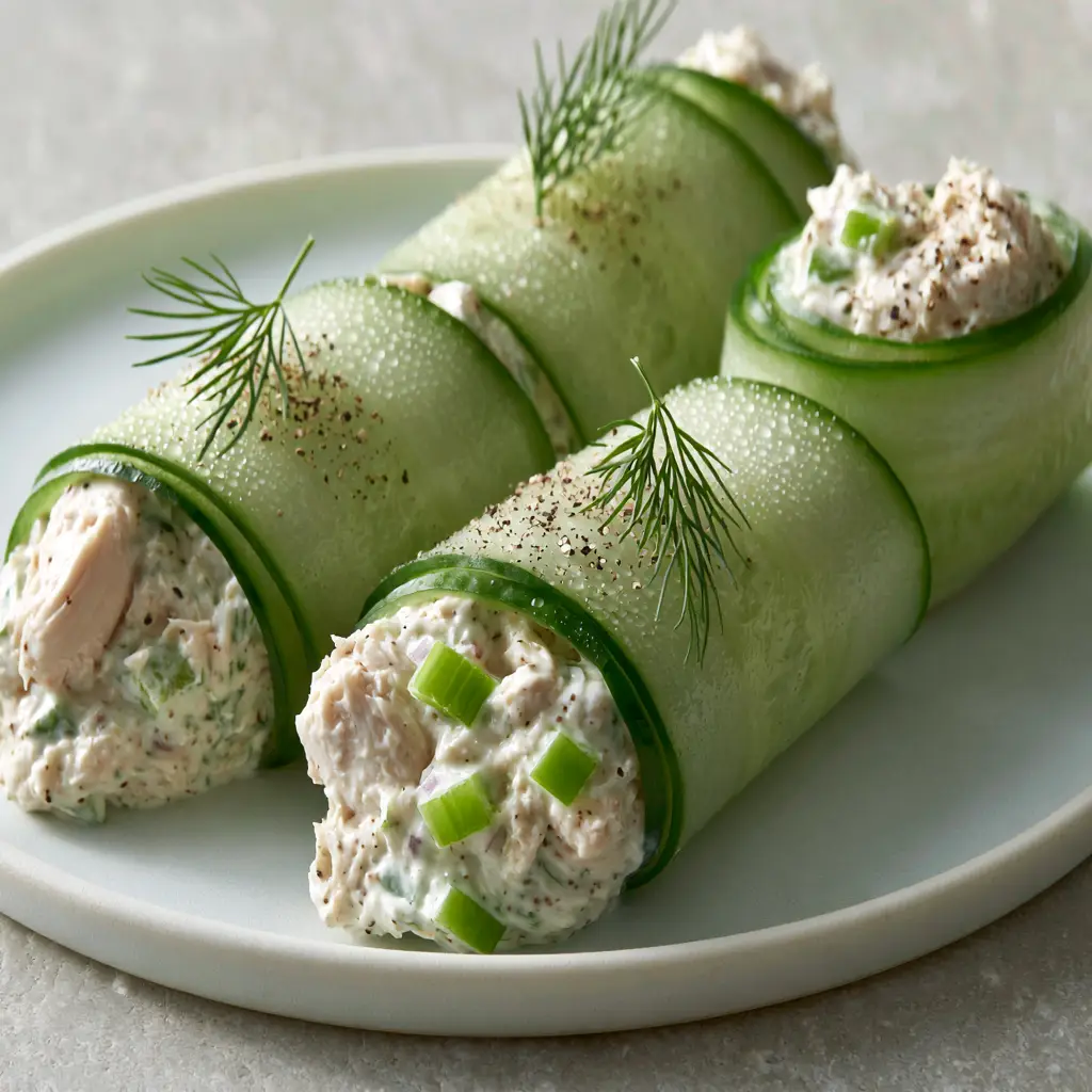 Handheld photo of healthy chicken salad cucumber roll ups arranged on a white ceramic plate.