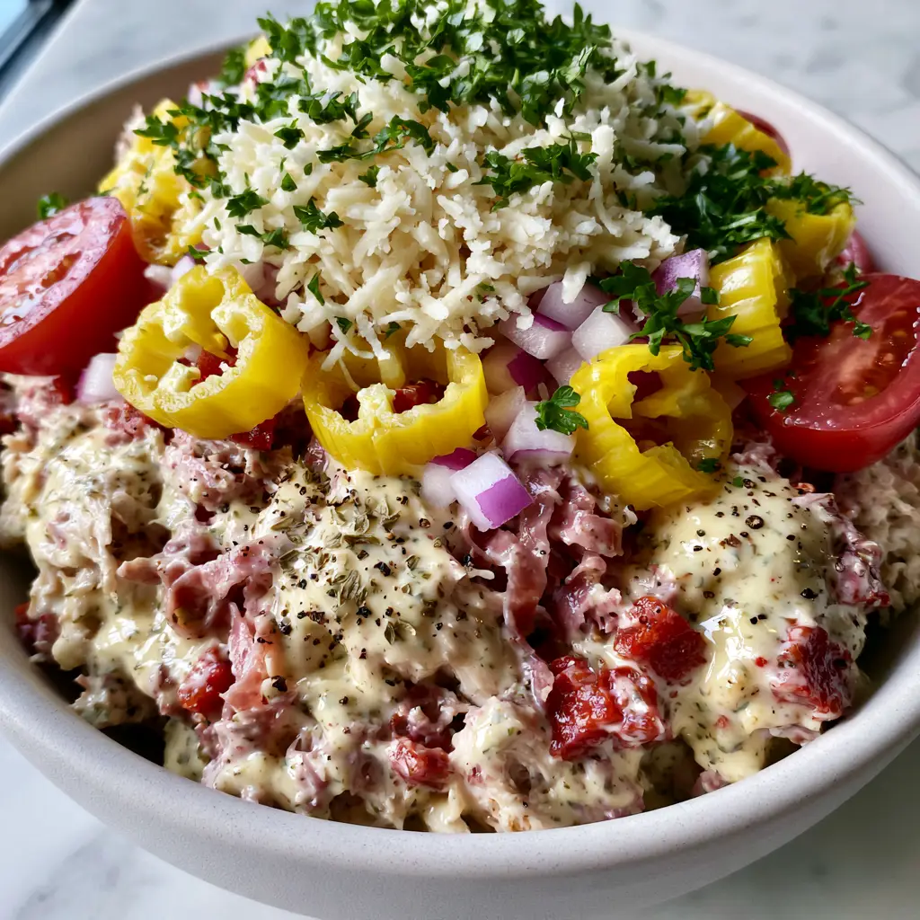 A vibrant bowl of Italian Grinder Chicken Salad on a marble background with natural lighting showing cherry tomatoes and parsley.