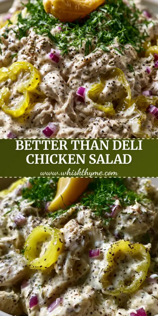 A minimalist matte ceramic bowl filled with Creamy Pepperoncini Chicken Salad, garnished with fresh dill and a whole pepperoncini.