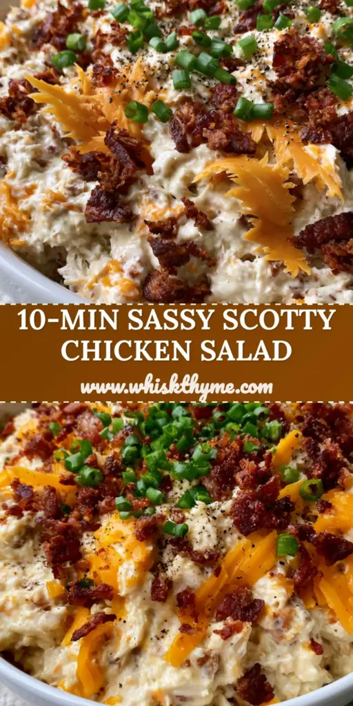 A close-up shot of Sassy Scotty chicken salad in a white bowl, showing thick ranch dressing, jagged orange cheddar, and crispy bacon bits.