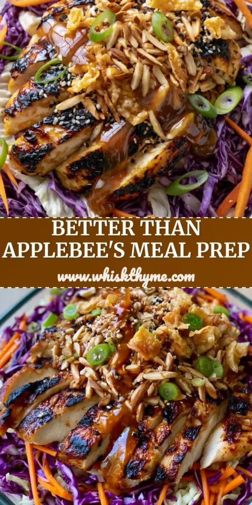 A vertical shot of Asian Sesame Chicken Salad in a glass meal prep container with honey-glazed chicken and glossy dressing.