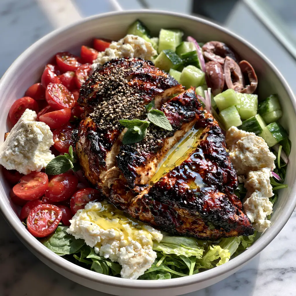 Close up shot of creamy feta crumbles and glossy lemon herb vinaigrette drizzled over a mediterranean grilled chicken salad.