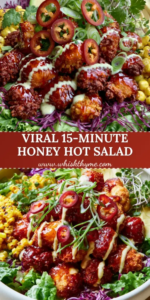 A vibrant Honey Hot Chicken Salad in a matte-white bowl featuring glossy glazed chicken and charred corn. (Honey Hot Chicken Salad)