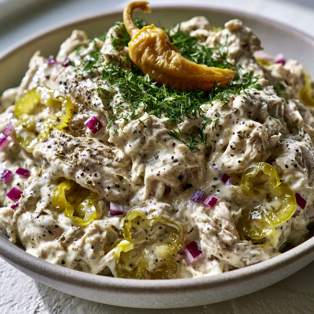 Creamy Pepperoncini Chicken Salad served in a ceramic bowl with soft natural afternoon lighting creating gentle highlights.