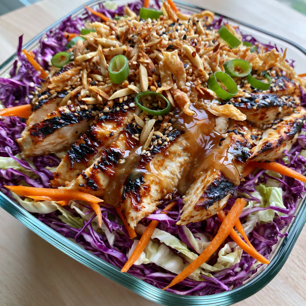 Close-up of amber ginger-sesame dressing drizzled over sliced seared chicken breast in an Asian Sesame Chicken Salad.