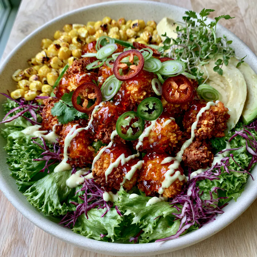 Close up of the translucent amber-red hot honey glaze on air-fried chicken over emerald romaine.
