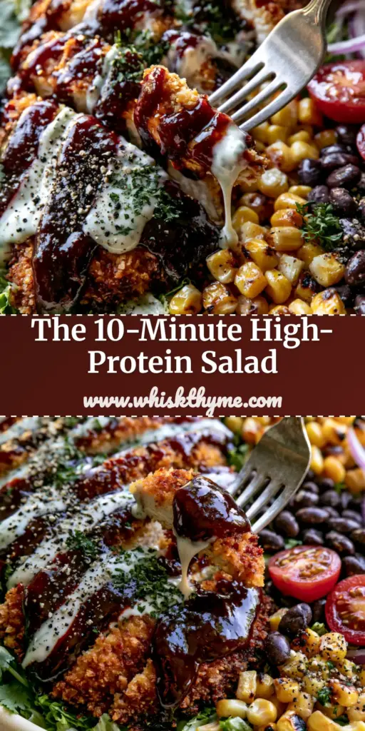 A massive BBQ ranch chicken salad featuring sliced panko chicken, charred corn, and thick ranch dressing drizzles. (BBQ ranch chicken salad)